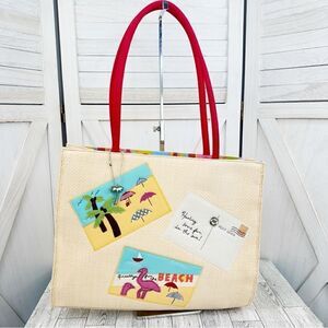 Fossil Forever Faux Straw Beach Vacation Tote Shoulder Bag‎ Large Cream Red